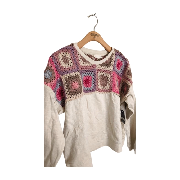 NWT Lucky Brand Crochet (Pink/Neutral Scheme) Sweatshirt, Medium - Picture 3 of 6